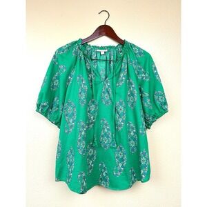 Knox Rose Women's Short Sleeve Boho Top Size Med Green Paisley 100% Cotton Tie